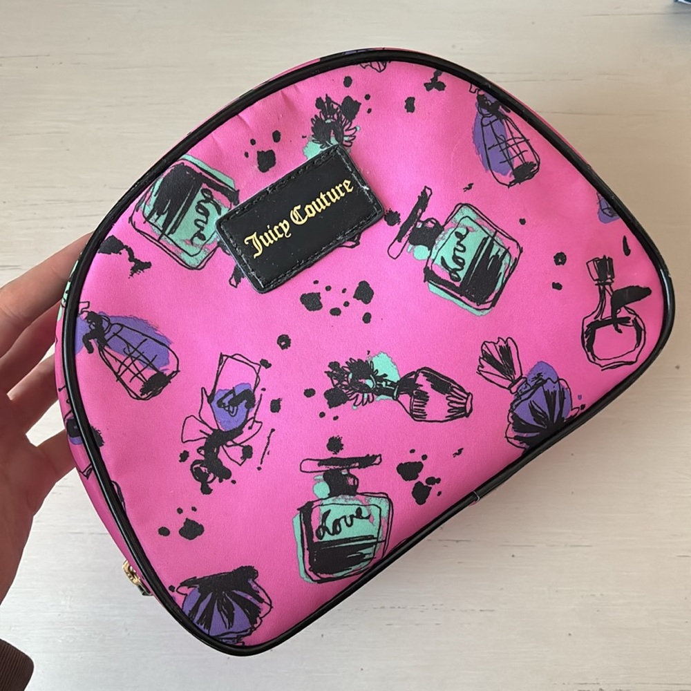 Juicy Couture pink zip around graphic dome shape makeup toiletry bag